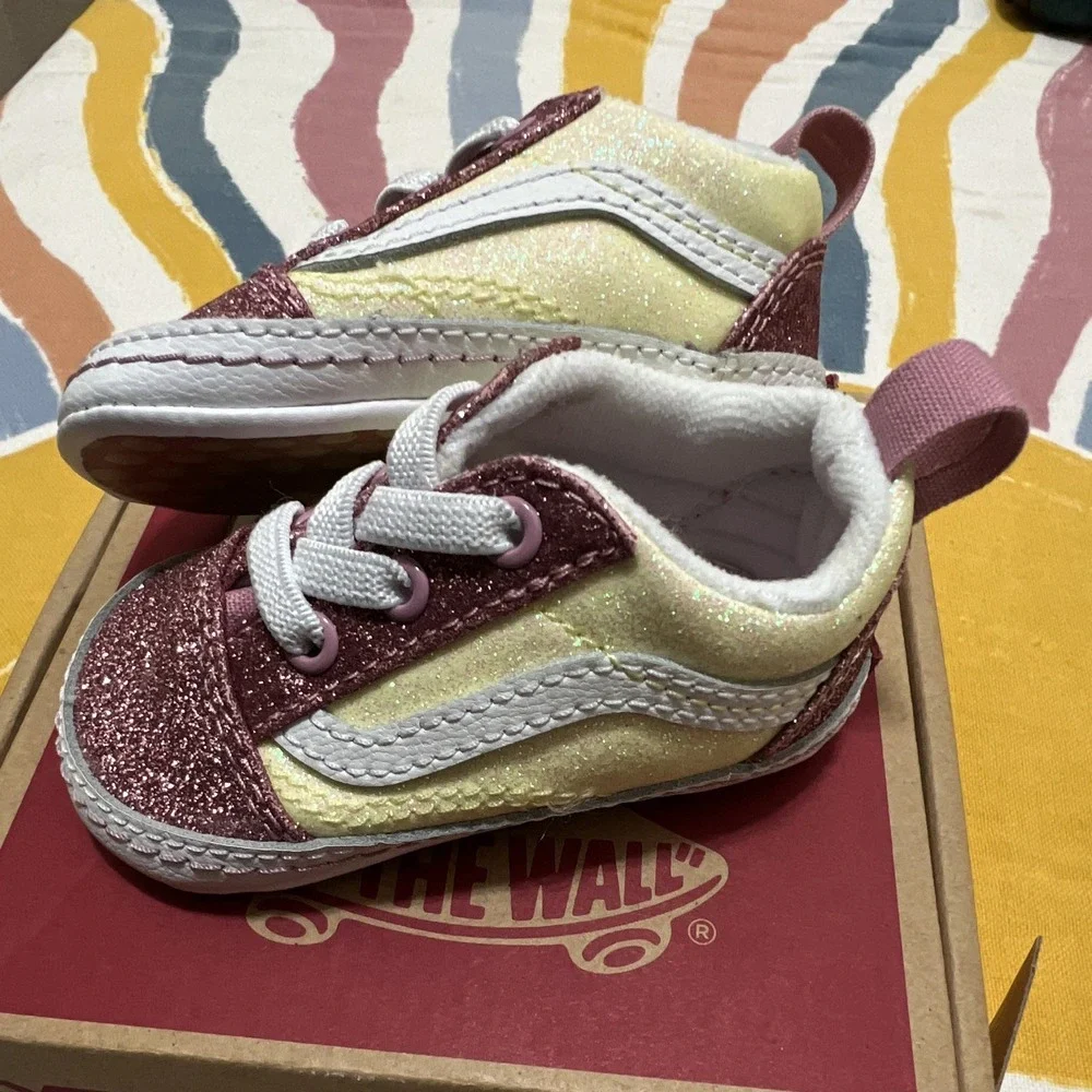VANS Old Skool Crib Glitter Pink/Yellow/White Lace Up US 2 EU 17 MPN